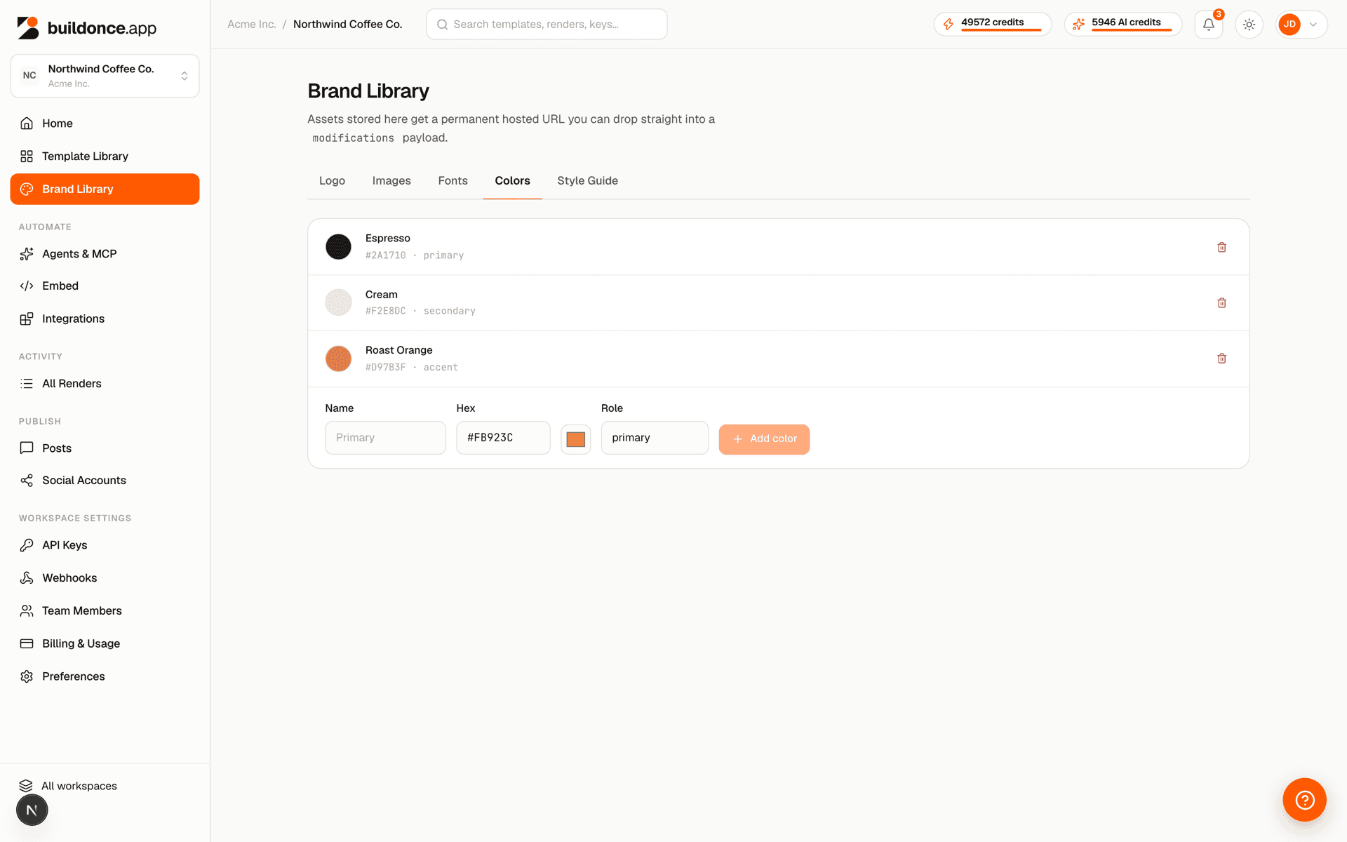 The Brand Library's Colors tab listing named colors with hex values and roles
