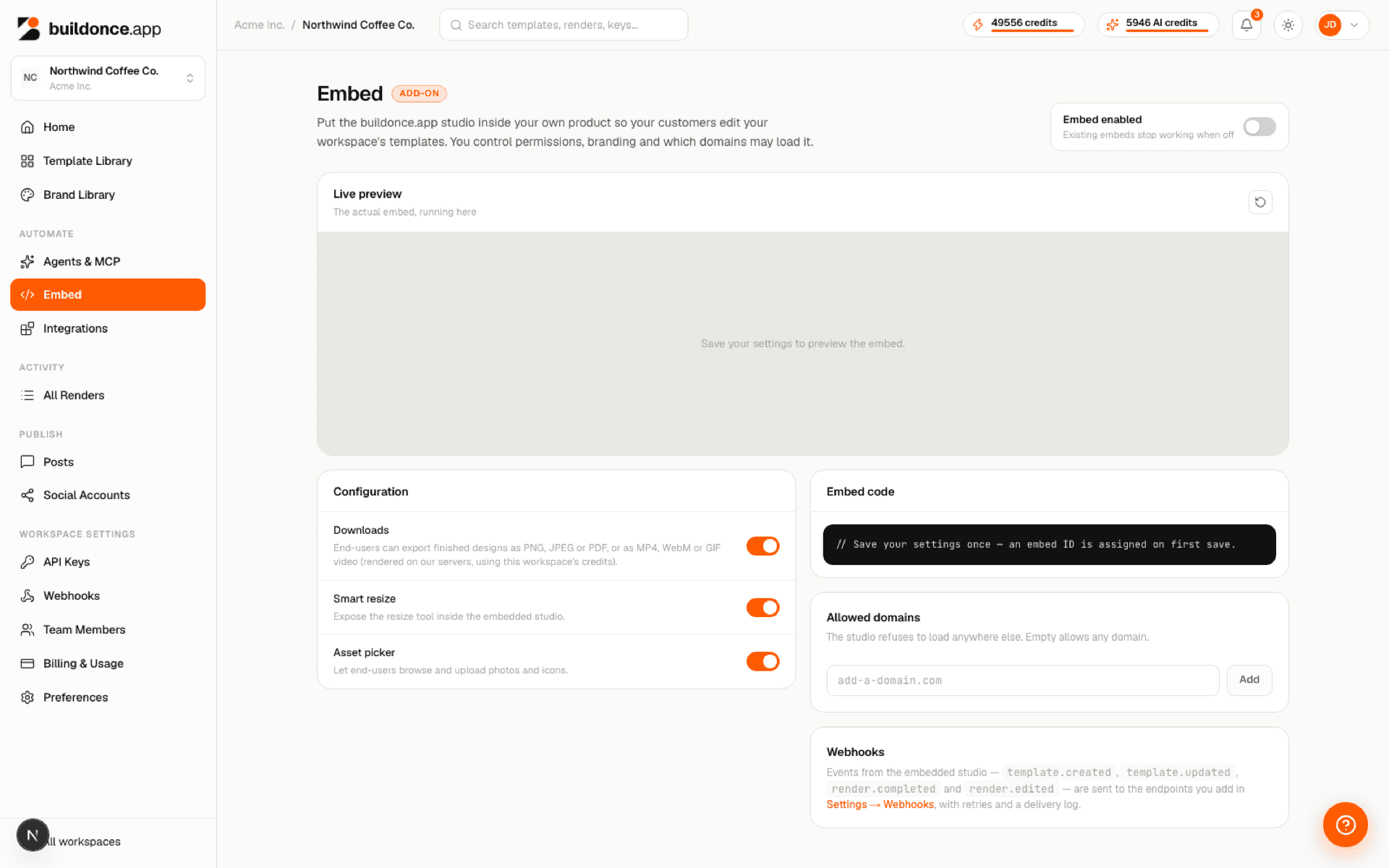 The dashboard's Embed settings page showing downloads, smart resize, asset picker toggles, allowed domains and webhook events