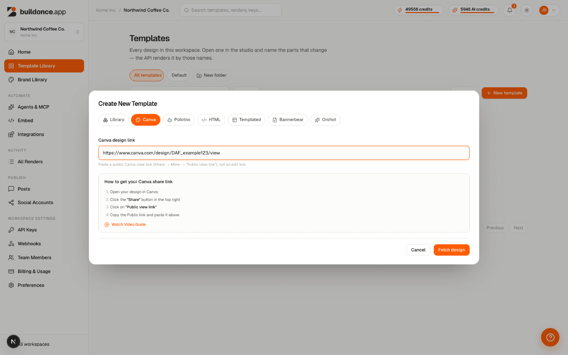The import dialog's Canva tab with a public Canva design link pasted into the field