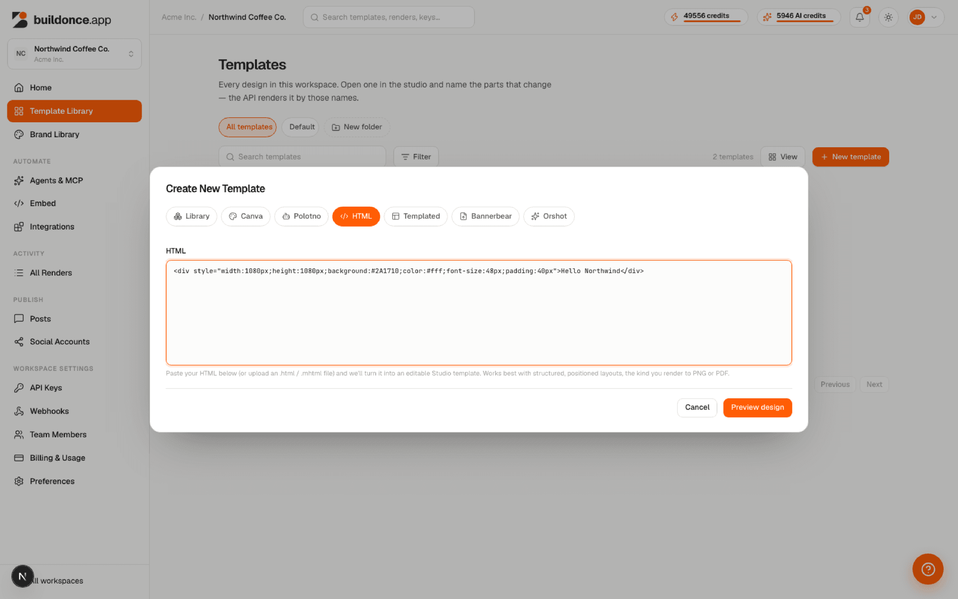The import dialog's HTML tab with a small HTML snippet pasted into the textarea