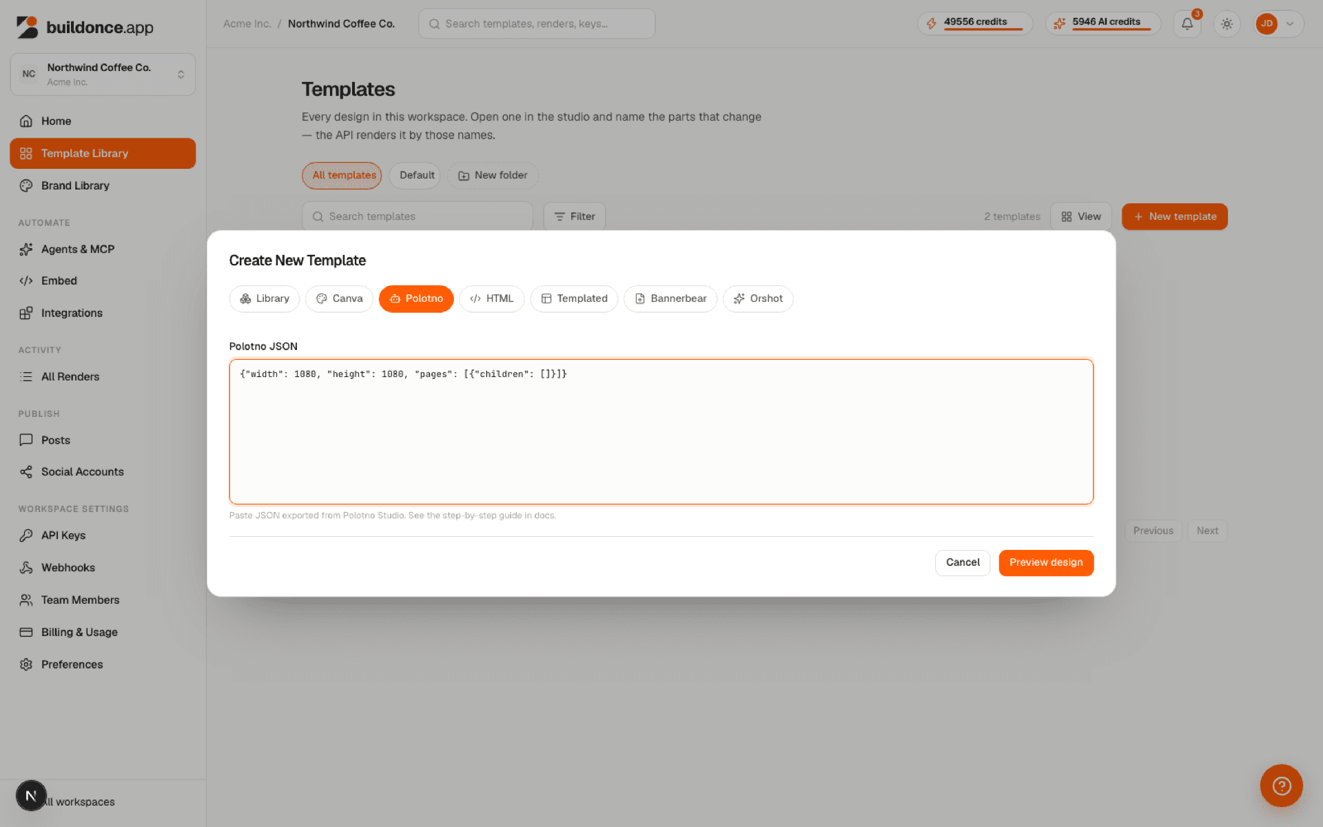 The import dialog's Polotno tab with a JSON snippet pasted into the textarea