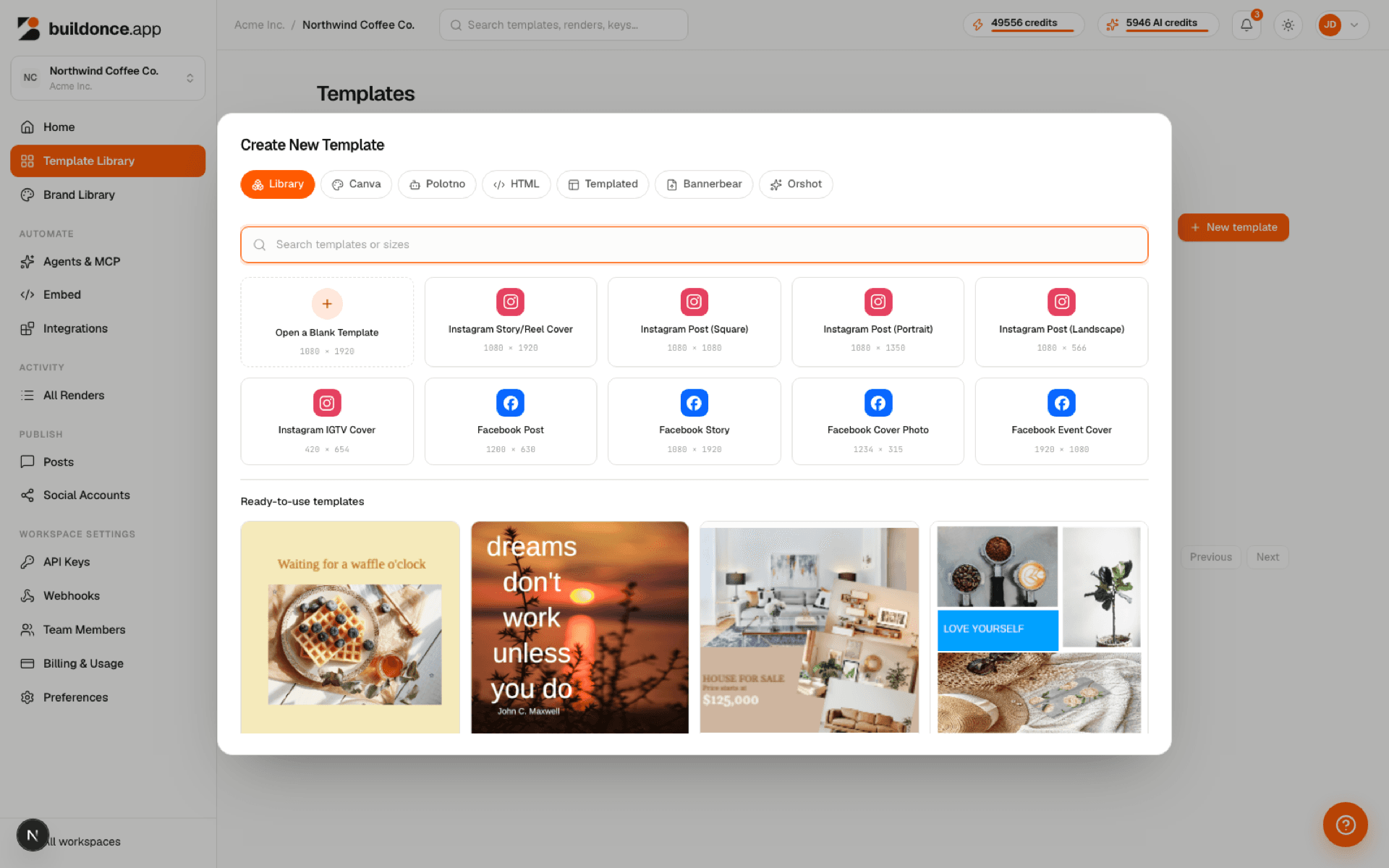 The Create New Template modal with the Library tab open, showing size presets and the Canva, Polotno, HTML and Templated import tabs