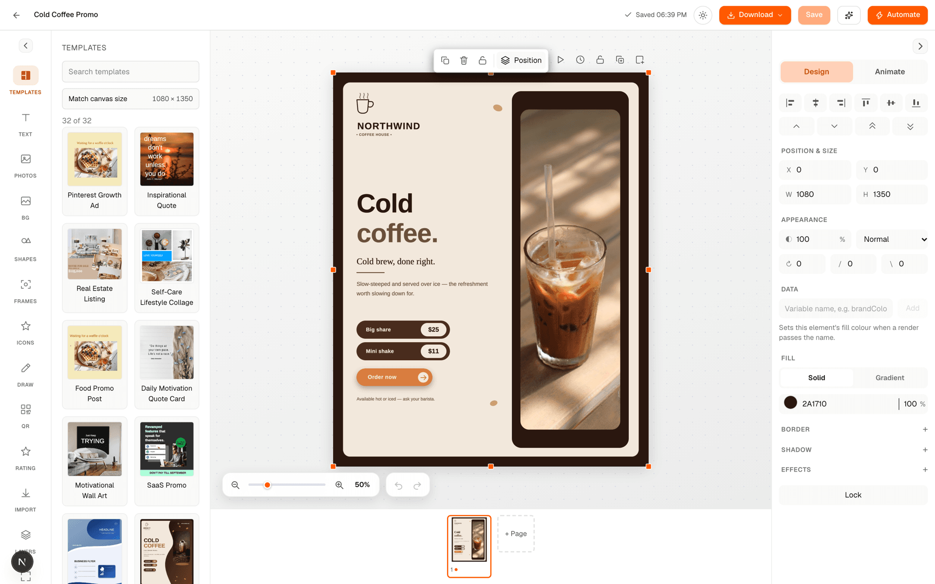 The studio editor open on a template