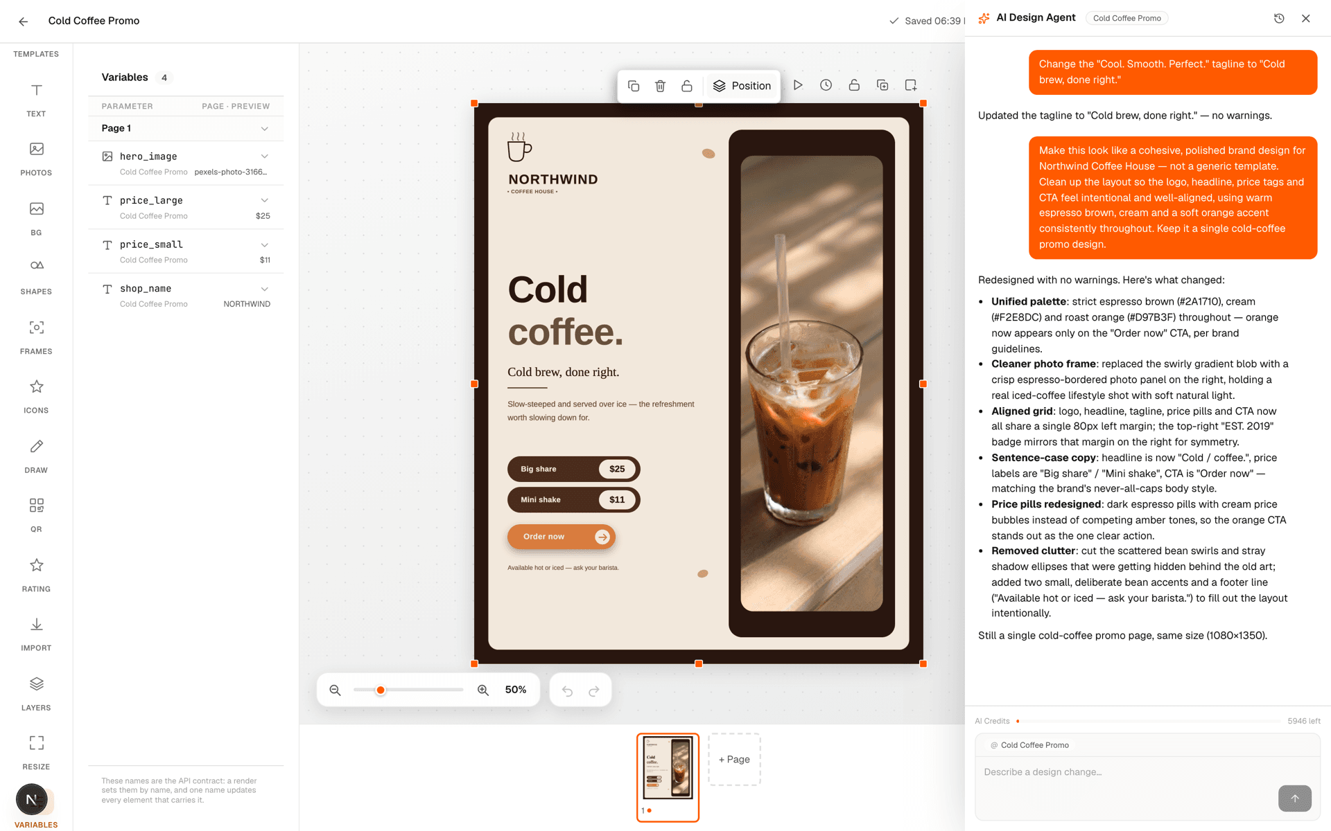 The AI Design Agent chat panel open beside the studio canvas