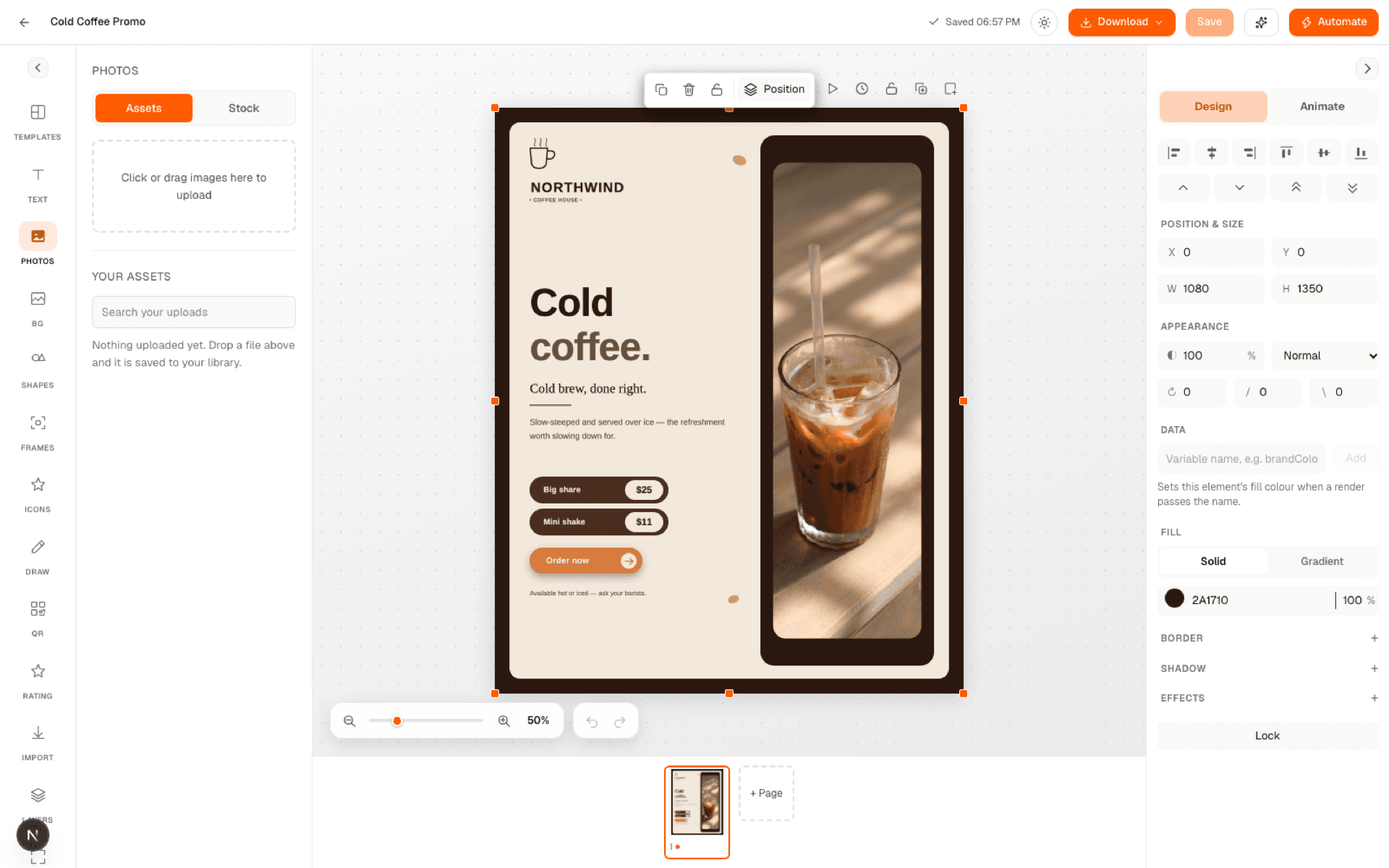 The studio's Photos panel with Assets and Stock tabs and an upload drop zone