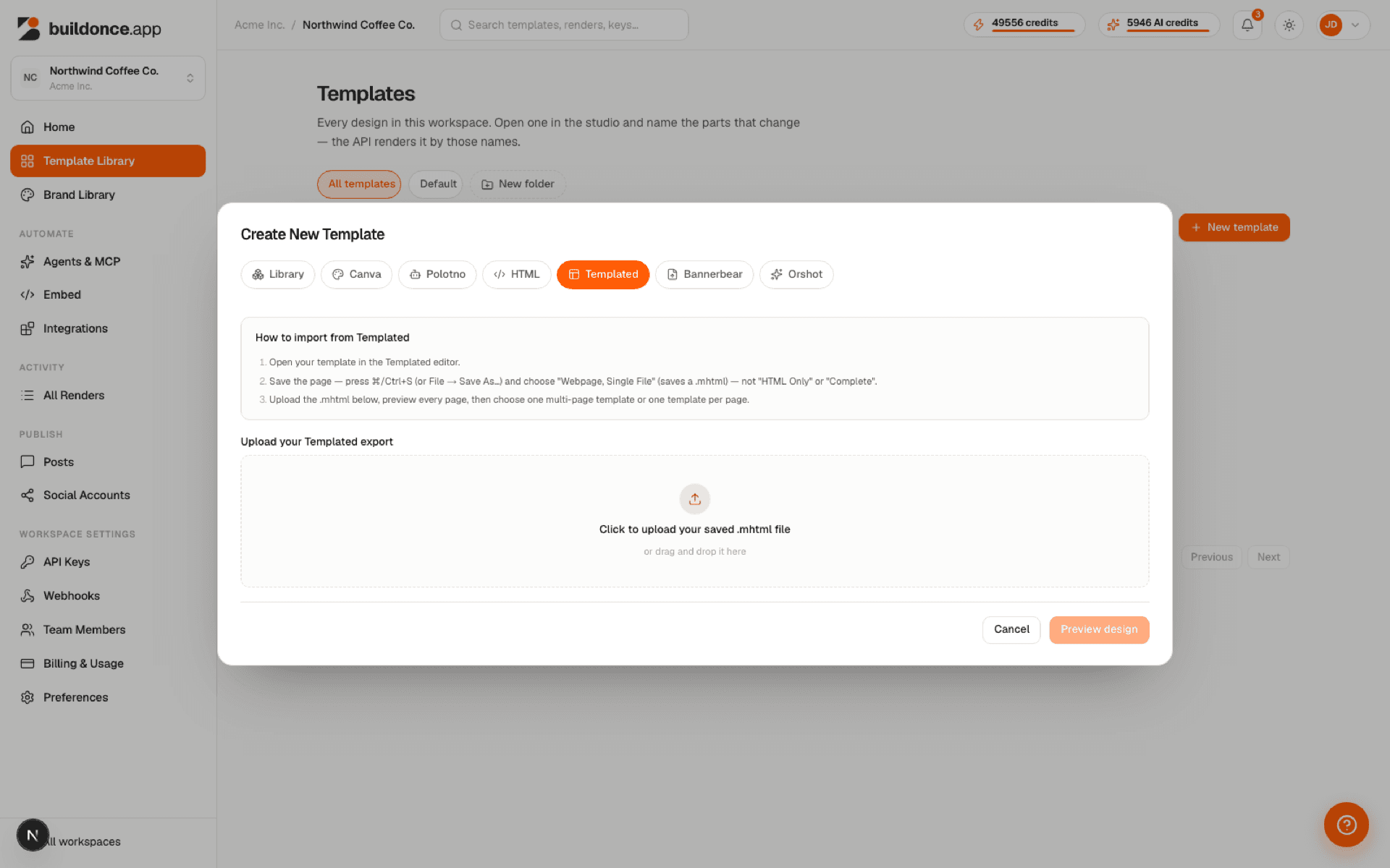 The import dialog's Templated tab showing the empty upload drop zone for a saved .mhtml file