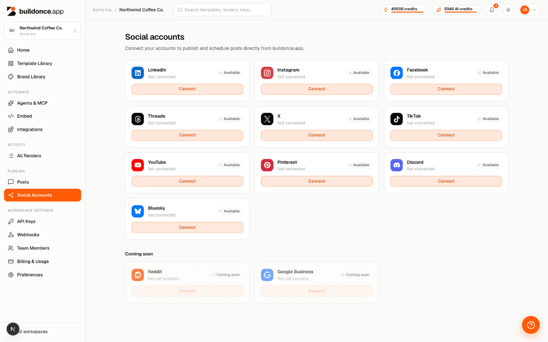The Social Accounts page listing every supported platform with its connect button and availability